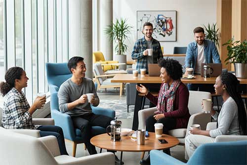 Diverse church members happily connecting in a friendly environment. 