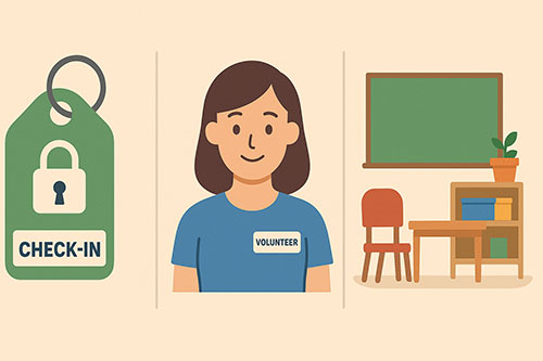 Reassuring visual icons representing secure check-in, trained staff, and a safe environment for children. 