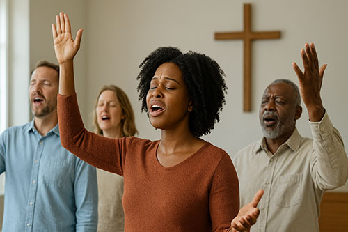 People engaged in a powerful, authentic worship service at Life Line Baptist Church.