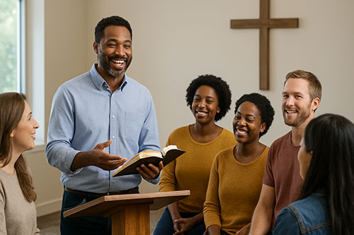 Photo of the Pastor delivering a clear, engaging, Bible-preaching message, or a small group connecting in a friendly atmosphere. 