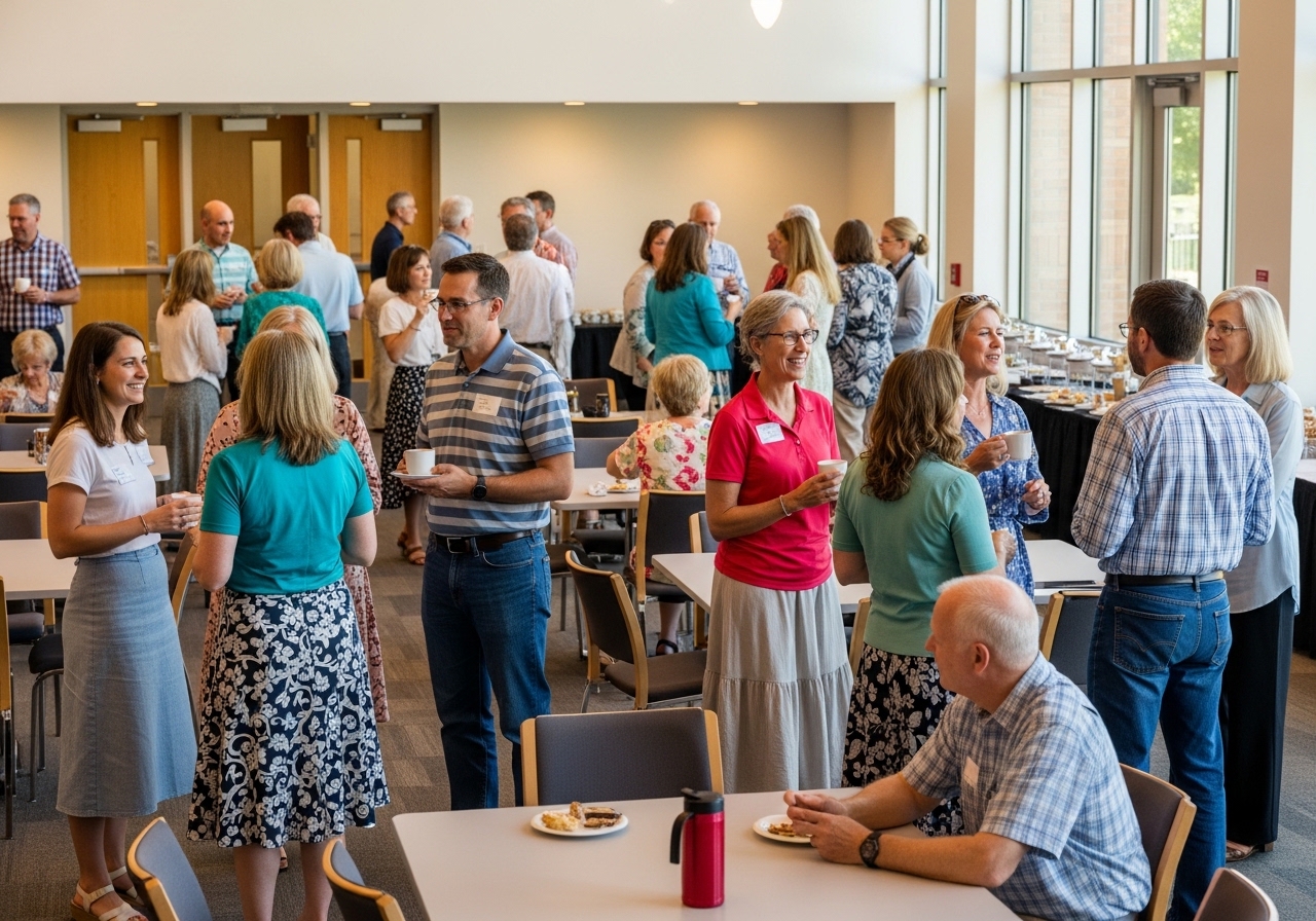 Diverse church members happily connecting in a friendly environment. 